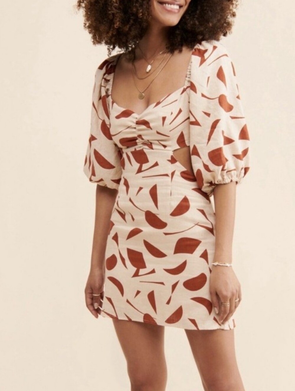 ASTR the Label Heather Linen Mini Dress Rust Beige Abstract Cutout Puff Sleeve L